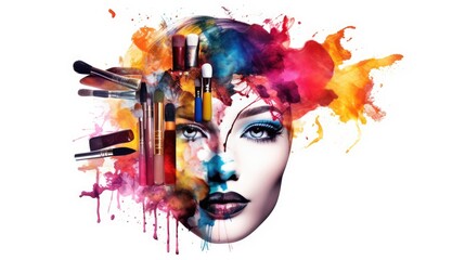 Double exposure portrait of beautiful woman face with art make up. - 790692678