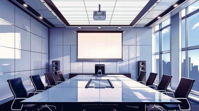 empty conference hall illustration; projector screen with speakers