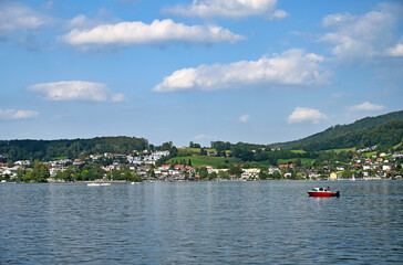 Lake Traun Traunsee and houses on hills in Gmunden Upper Austria