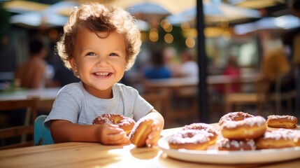 Cute little boy eating dessert in a cafe.