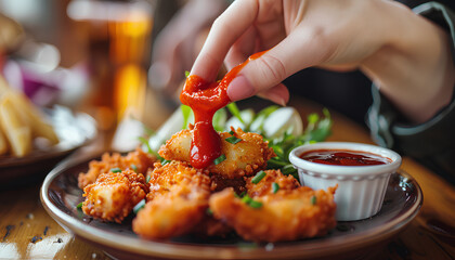 Woman dipping tasty nugget into sauce on wooden table - obrazy, fototapety, plakaty