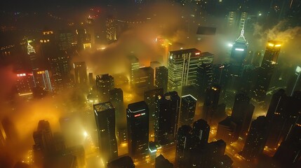 Aerial view of modern city at night with fog and lights