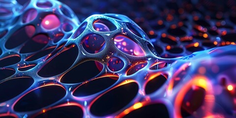 A vivid of interconnected neon mesh in purple and blue with intricate details. Futuristic blue cellular structure with sphere, nanotechnology background