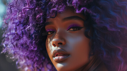 Beautiful black woman with ombre purple black hair style, make up and lashes. Trendy haircuts. Concept Coloring Hair.