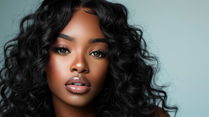 Naklejka premium Beautiful black woman with black hair style, make up and lashes. Trendy haircuts. Concept Coloring Hair.