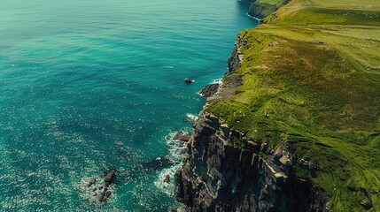 Aerial view of the Cliffs, beautiful blue ocean and green grassy fields