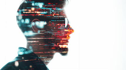 Tech Enthusiast Merging with the Digital Age of Information, Double Exposition, Programmer and Code.