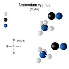 Ammonium cyanide Cyanide is a chemical compound that contains a CN functional group. Sodium, Ammonium, Zinc and Hydrogen cyanide. 3d illustration.
