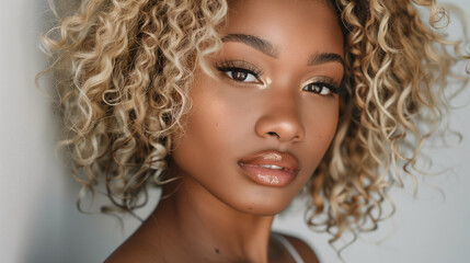 Beautiful black woman with curly ombre blond hair style, make up and lashes. Trendy haircuts. Concept Coloring Hair.