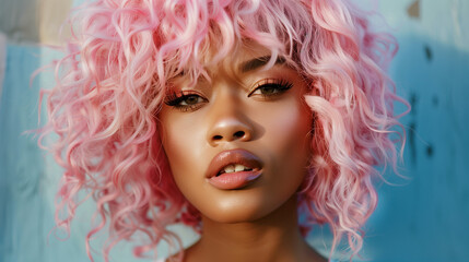 Naklejka premium Beautiful black woman with pink curly hair style, make up and lashes. Trendy haircuts. Concept Coloring Hair.