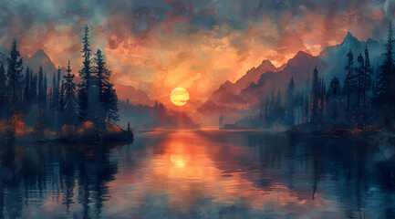 Dusk to Dawn: Adjustable Backlight Paints Twilight's Tranquility into Vivid Sunset - obrazy, fototapety, plakaty