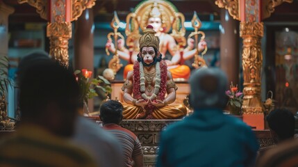 A photo of a meditation practice where devotees sit before an image of Hanuman, seeking the strength and awareness he symbolizes