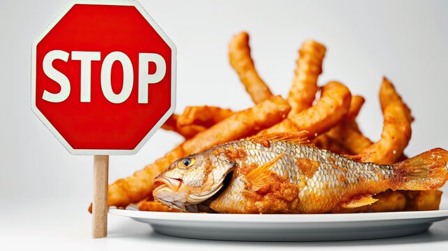 A cautionary stop sign emerges among a plate of fried fish and curly fries, symbolizing a pause on unhealthy eating