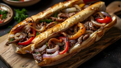 Mouthwatering Philly Cheesesteak with Sauteed Veggies. Concept Delicious sandwich, Street food, Philadelphia cuisine, Meat and cheese, Food photography - obrazy, fototapety, plakaty