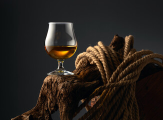 Brandy snifter and rope on a old wooden snag.