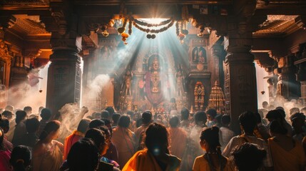 A photo of a group of devotees gathered in a temple to chant mantras in honor of Hanuman