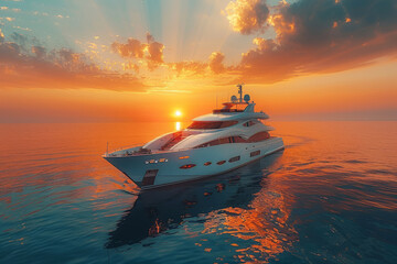 Modern luxury yacht glides through crystal clear waters at sunset, billionaire lifestyle
