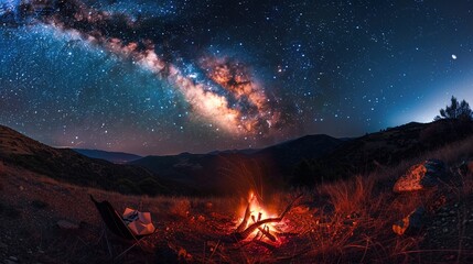 Beautiful night landscape with bonfire, stars and Milky Way