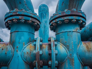 Close-up of weathered blue pipes with flanged connections and rust, industrial background.