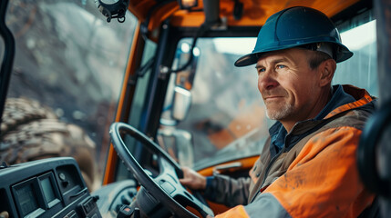 Excavator Operator in Orange Hard Hat Enjoying Work.