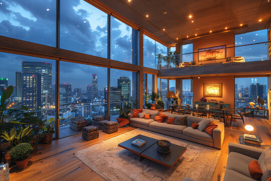 Lavish penthouse with panoramic city views, opulent design and stylish furnishings, billionaire lifestyle