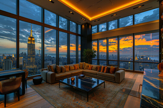 Deluxe penthouse with opulent design and luxury furnishings on the top of skyscraper with scenic evening sityscape views, lifestyle of billionaires