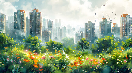 Fluttering Metropolis: Watercolor Painting Celebrates Green Cities with Urban Gardens