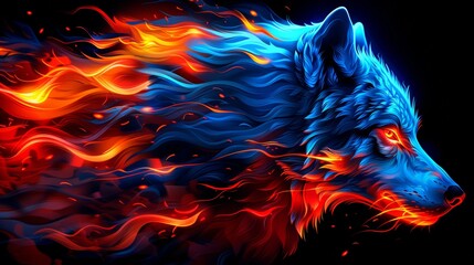 A close up of a wolf's face with fire coming out of it. A magical creature made of fire on black background.