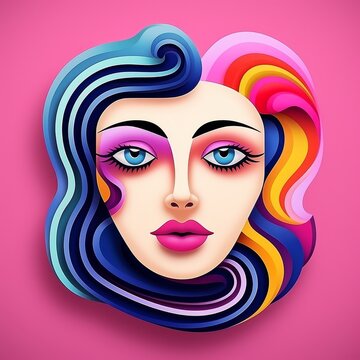 A woman with colorful hair and makeup is the main focus of the image