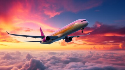 Obraz premium A plane soars through the clouds, embarking on a journey of endless adventure and boundless exploration across the sky.