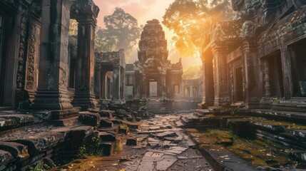 Ancient temples in Cambodia, such as Angkor Wat and Bayon, are renowned for their majestic architecture and intricate carvings, showcasing the rich cultural and historical heritage of the country. - obrazy, fototapety, plakaty