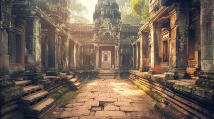 Fototapeten Ancient temples in Cambodia, such as Angkor Wat and Bayon, are renowned for their majestic architecture and intricate carvings, showcasing the rich cultural and historical heritage of the country. © Sompoch