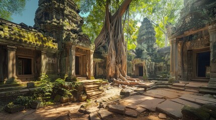 Fototapeta na wymiar Ancient temples in Cambodia, such as Angkor Wat and Bayon, are renowned for their majestic architecture and intricate carvings, showcasing the rich cultural and historical heritage of the country.