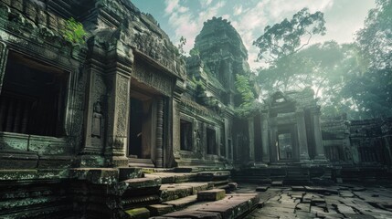 Ancient temples in Cambodia, such as Angkor Wat and Bayon, are renowned for their majestic architecture and intricate carvings, showcasing the rich cultural and historical heritage of the country. - obrazy, fototapety, plakaty