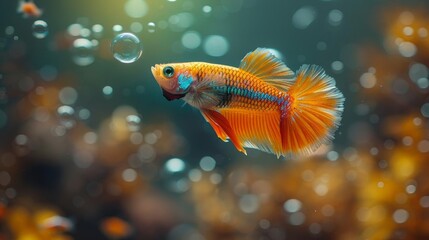 A beautiful orange betta fish with blue fins swims gracefully in a crystal clear aquarium. - obrazy, fototapety, plakaty
