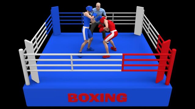 Boxers and referee in ring – 3d render looped with alpha channel.