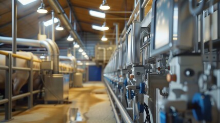 Dairy farms in the digital age employ automated milking machines and advanced monitoring systems to ensure efficient milk production and cow health.