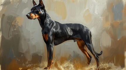 A Doberman Pinscher standing in a field, looking off to the side.