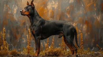 A Doberman Pinscher standing in front of a stone wall