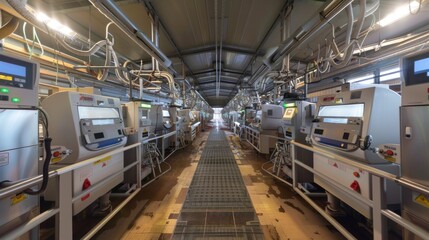 Dairy farms in the digital age employ automated milking machines and advanced monitoring systems to ensure efficient milk production and cow health.