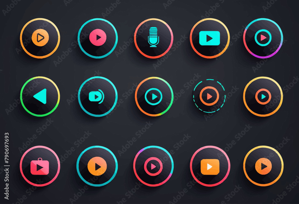 Poster solid icon set featuring sound control, play, pause buttons for media interface