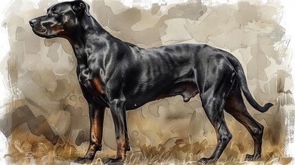 A watercolor painting of a black dog standing in a field, looking off to the side.