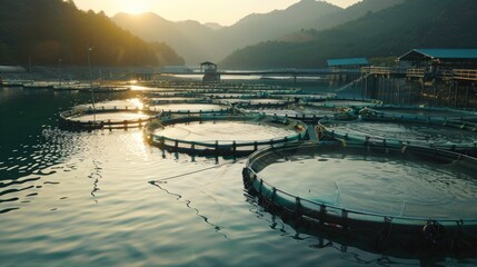 Fish farms employ modern techniques for breeding and harvesting, ensuring sustainable practices and high-quality seafood production.