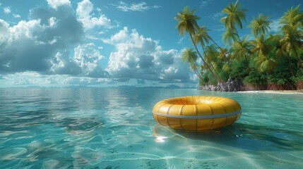 An innertube floating in the crystal clear water with a tropical island in the background.
