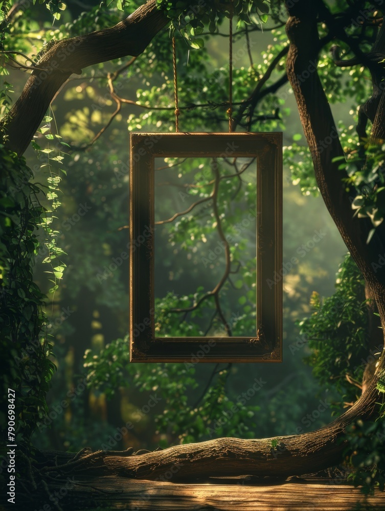 Poster empty frame hangingtree branch in serene forest setting