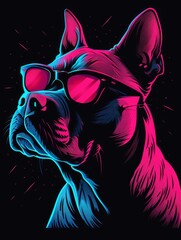 Neon-Colored French Bulldog Wearing Sunglasses on Dark Background. - 790698691