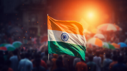 India flag flying high at Connaught Place with pride in blue sky, India flag fluttering, Indian Flag on Independence Day and Republic Day of India, tilt up shot, Waving Indian flag, Har Ghar Tiranga - obrazy, fototapety, plakaty