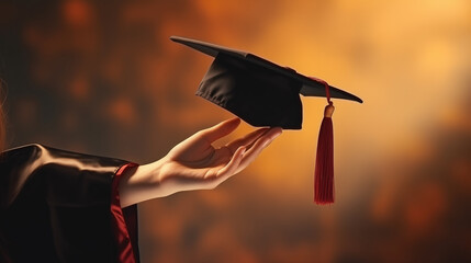 A hand gracefully holds a graduation cap against a warm