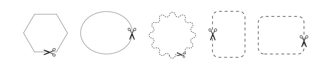 Cut here icon symbol. Cut lines with scissors. Scissors icons set. Scissors for cutting symbol. Vector