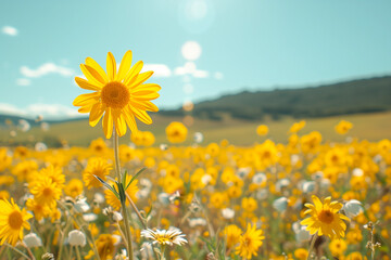 yellow flower field, summer and sunlight, beautiful earth, nature and environment